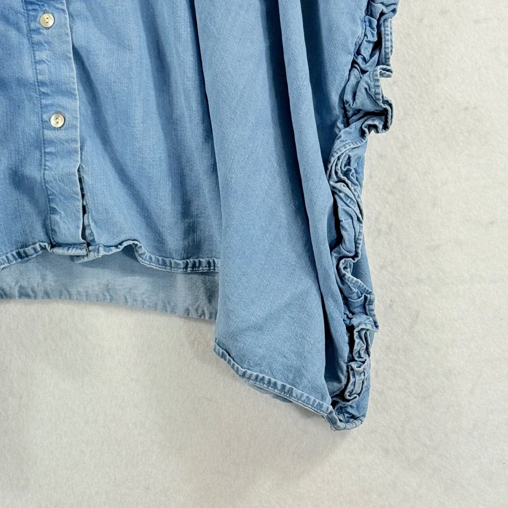 Zara Ruffle Denim Top Womens Medium Blue Oversized Boho Coastal Cape Blouse